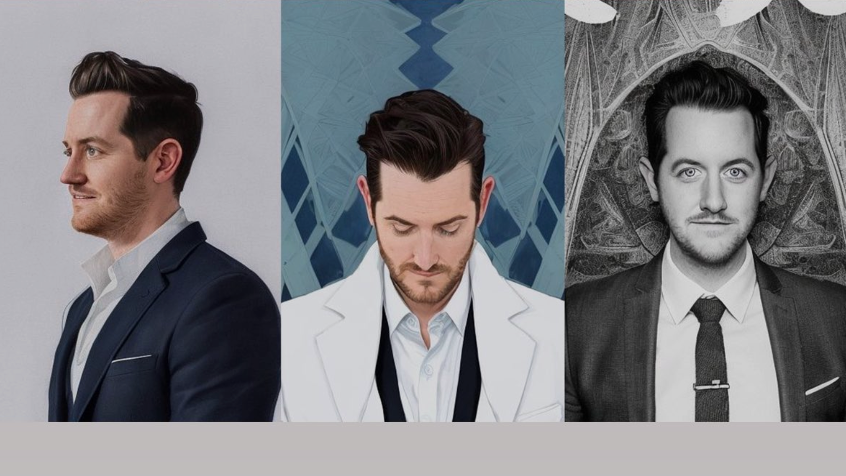 Three men in suits depicted in a triptych: left profile, center looking down, right grayscale with intricate backdrop.
