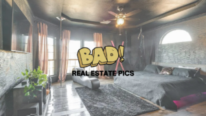 Moody master bedroom with a king bed, rug, plant, and dark walls; large BAD! REAL ESTATE PICS watermark across the center.