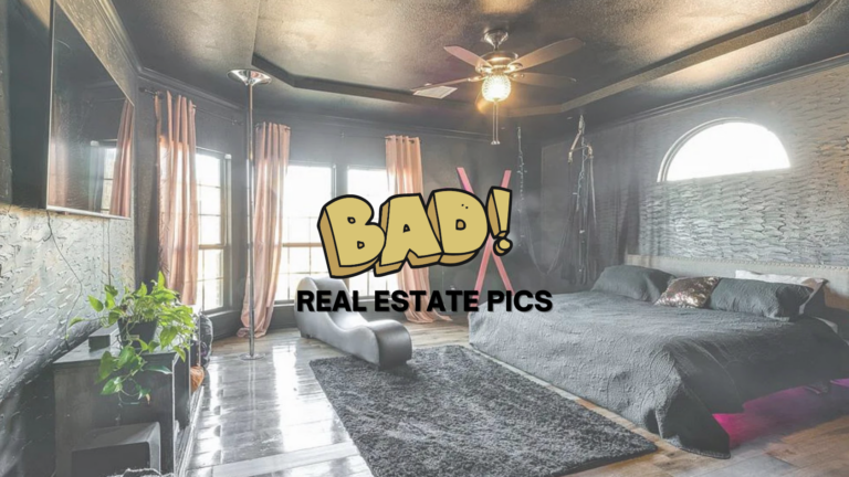 Moody master bedroom with a king bed, rug, plant, and dark walls; large BAD! REAL ESTATE PICS watermark across the center.