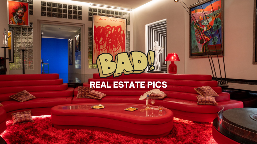 Bold red living room with a curved sofa, red rug, and colorful artwork; overlay reads 'BAD! REAL ESTATE PICS'