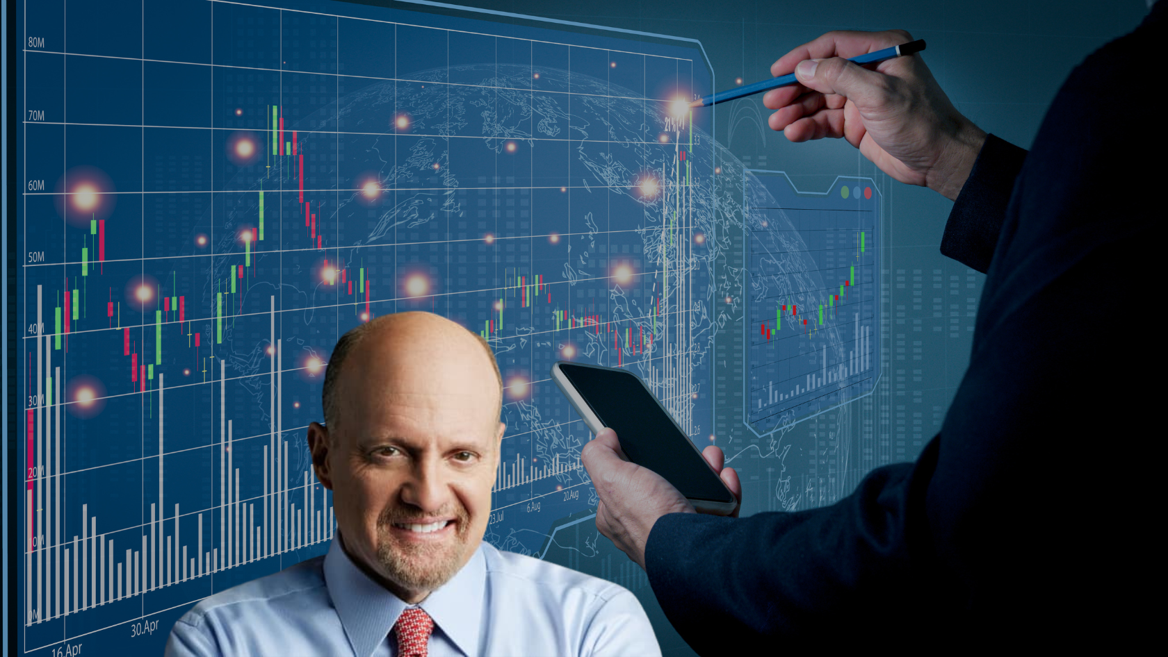 Smiling man in front of futuristic stock charts and holographic screens displaying financial data and a smartphone user.