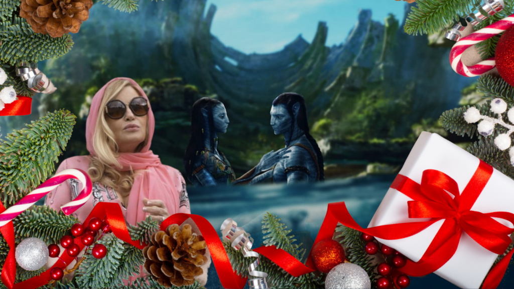 Blue Na’vi couple facing each other in a fantasy landscape, framed by Christmas greenery and festive decorations with a pink-scarfed woman on the left.