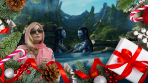Blue Na’vi couple facing each other in a fantasy landscape, framed by Christmas greenery and festive decorations with a pink-scarfed woman on the left.