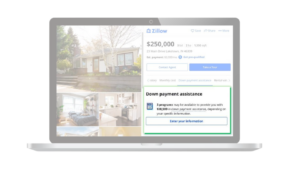 Laptop screen shows a Zillow listing with house photos on the left and a highlighted 'Down payment assistance' panel on the right (green border).