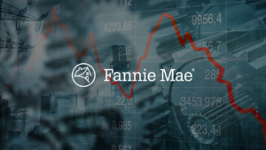 Fannie Mae logo with wordmark on a blue financial background showing a red stock chart line.