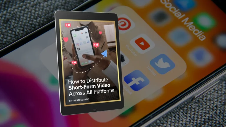 Tablet showing a poster titled 'How to Distribute Short-Form Video Across All Platforms' with a smartphone image and dashed arrows, set against app icons in the background.