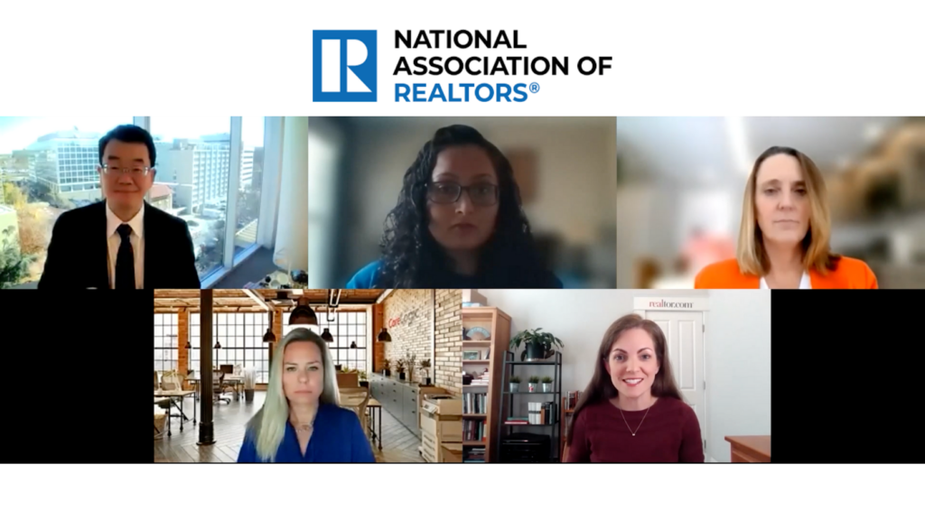 Six-person video conference grid with the National Association of Realtors logo above, showing diverse speakers in separate tiles.