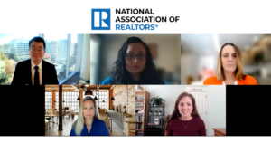 Six-person video conference grid with the National Association of Realtors logo above, showing diverse speakers in separate tiles.