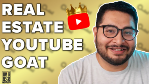 YouTube thumbnail featuring a smiling man with glasses on the right, a crown icon, YouTube logo, and bold text saying REAL ESTATE YOUTUBE GOAT on a yellow background with a white outline.