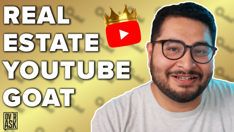 YouTube thumbnail featuring a smiling man with glasses on the right, a crown icon, YouTube logo, and bold text saying REAL ESTATE YOUTUBE GOAT on a yellow background with a white outline.