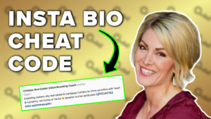 Thumbnail for an Instagram bio tips video: bold 'INSTA BIO CHEAT CODE' text, smiling blonde woman on the right, and a green-outlined sample bio card with arrow pointing to it.
