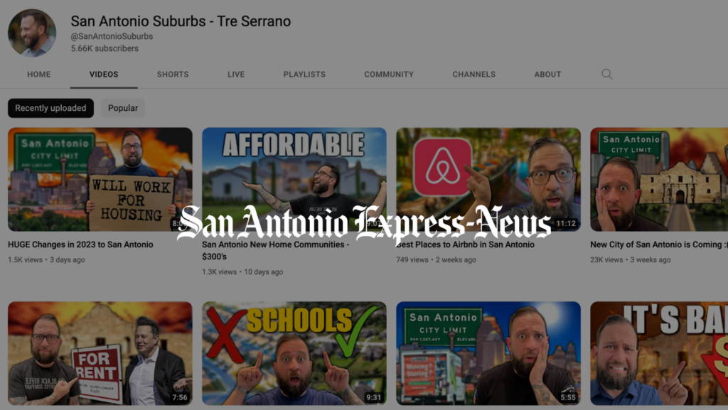 YouTube channel header for San Antonio Suburbs by Tre Serrano with a grid of video thumbnails below.
