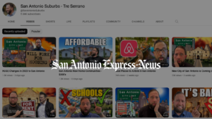 YouTube channel header for San Antonio Suburbs by Tre Serrano with a grid of video thumbnails below.