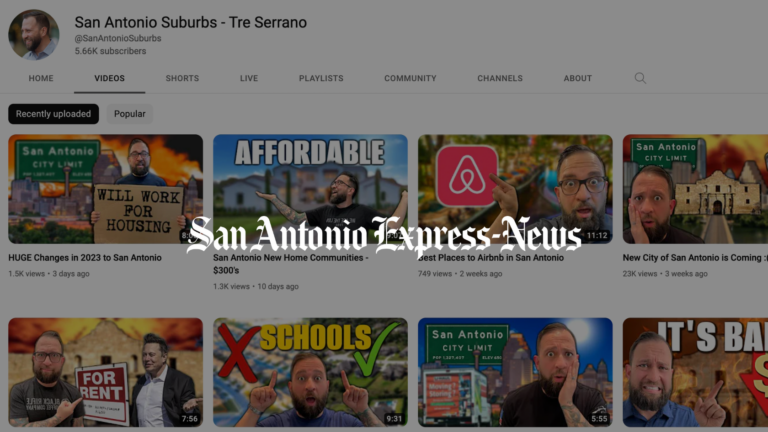 YouTube channel header for San Antonio Suburbs by Tre Serrano with a grid of video thumbnails below.