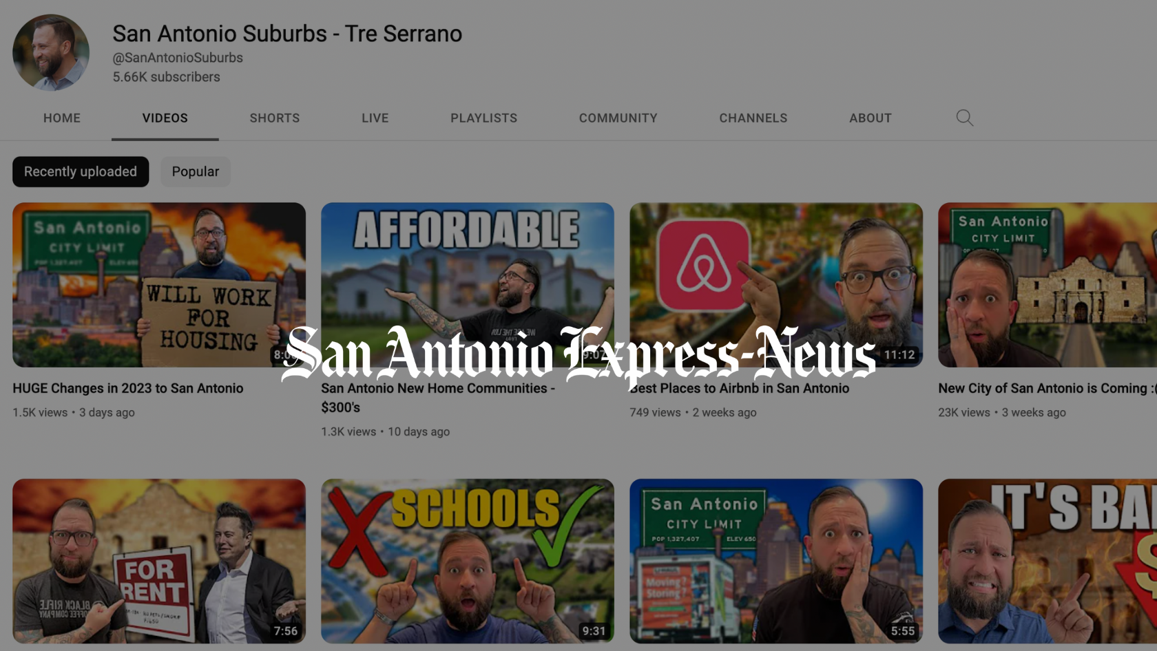 YouTube channel header for San Antonio Suburbs by Tre Serrano with a grid of video thumbnails below.