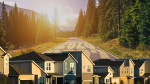 Residential neighborhood with a forested mountain road stretching into the distance, overlaid with large year numbers like 2023-2024 on the pavement.
