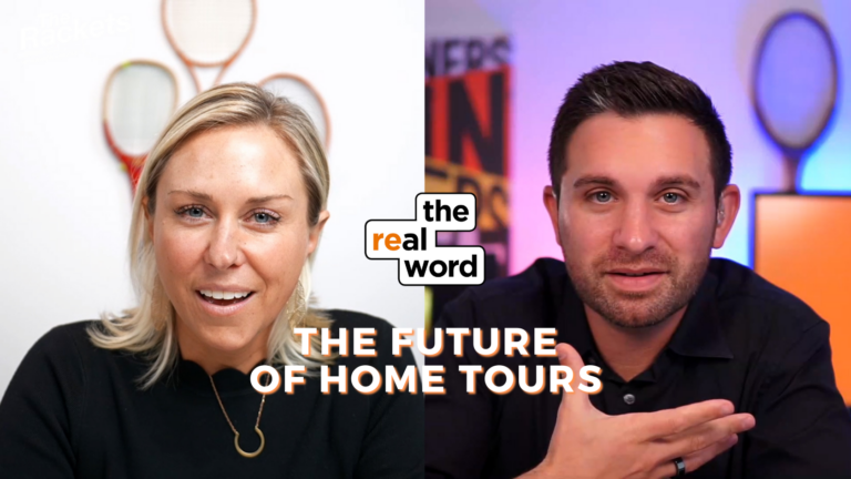 Split-screen thumbnail with a woman on the left and a man on the right, discussing 'The Future of Home Tours' with the 'the real word' logo at center.