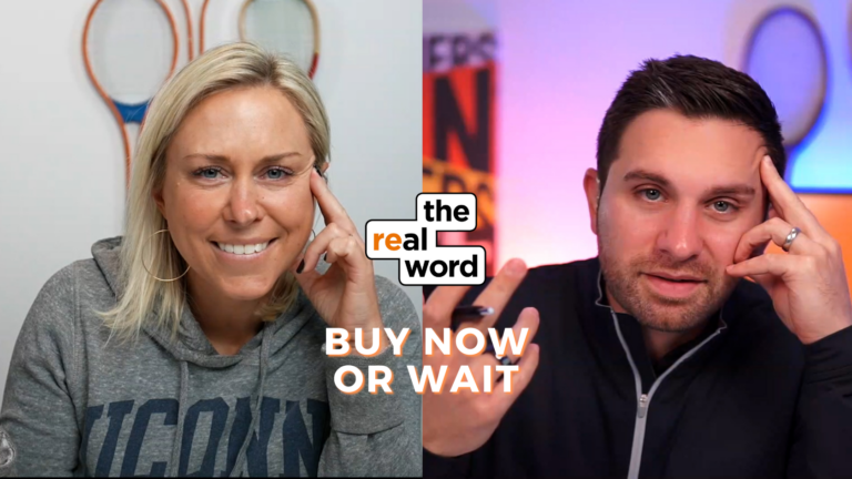 Split-screen thumbnail with a smiling woman on the left and a man on the right, a stacked 'the real word' logo in the center, and bold 'BUY NOW OR WAIT' text below; promotional video image.