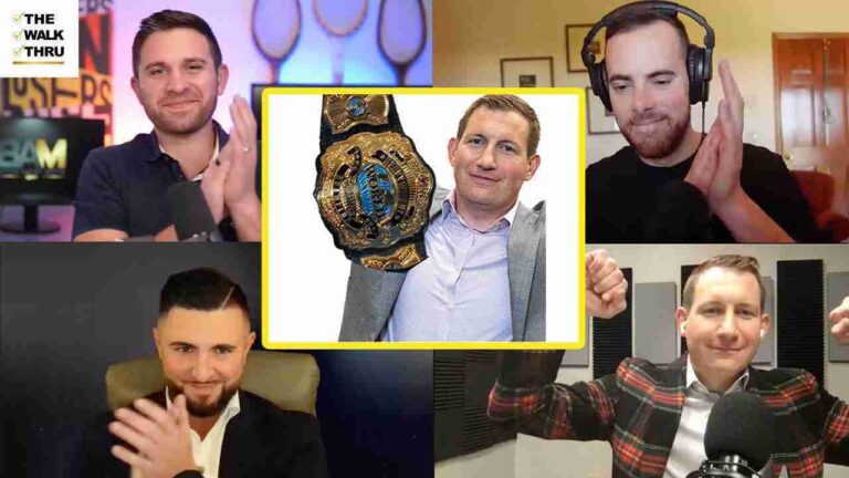 Collage of five hosts clapping, center frame shows a man with a championship belt in a suit, logo in corner.