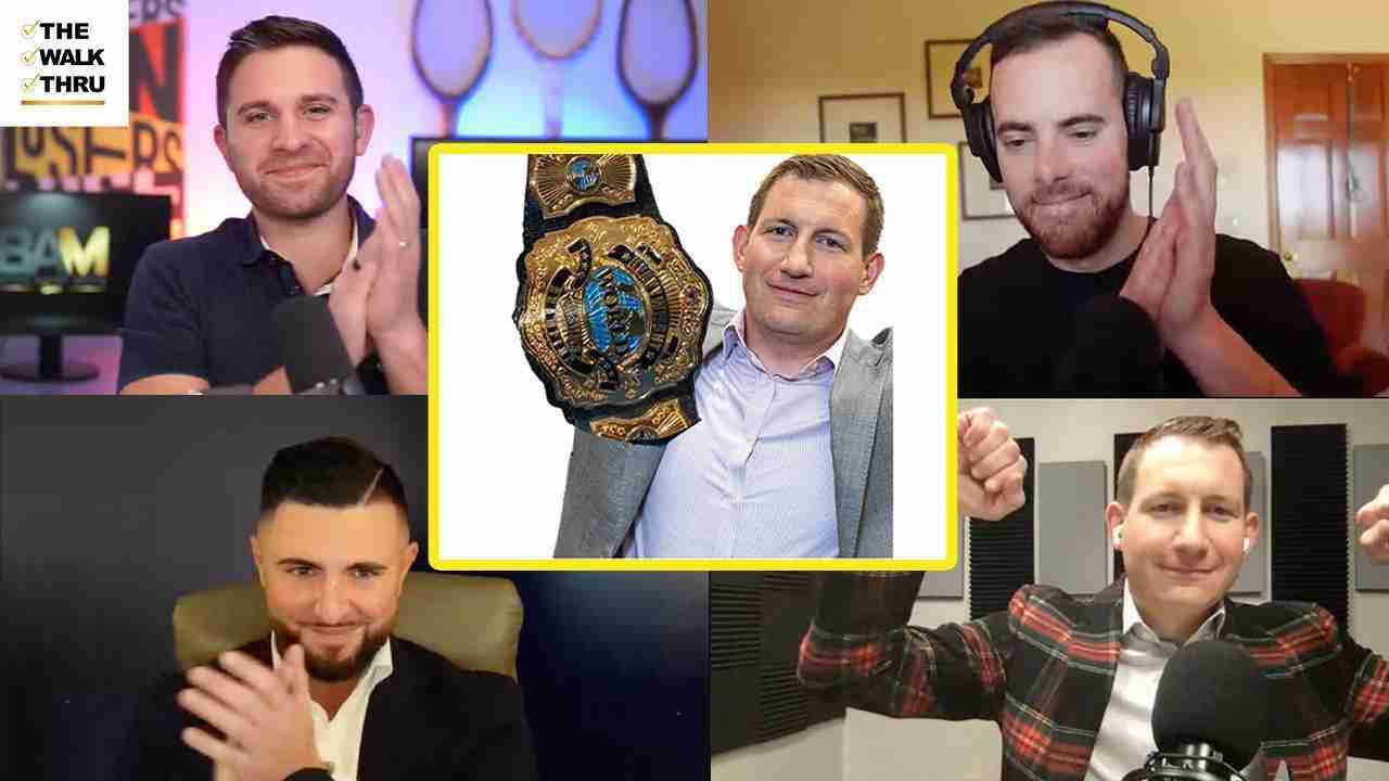 Collage of five hosts clapping, center frame shows a man with a championship belt in a suit, logo in corner.