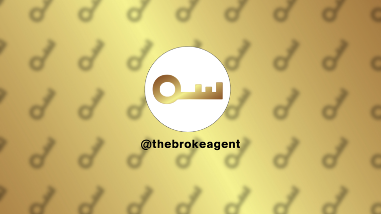 Brand logo: gold key within a white circle on a yellow gradient background, with the handle '@thebrokeagent' beneath