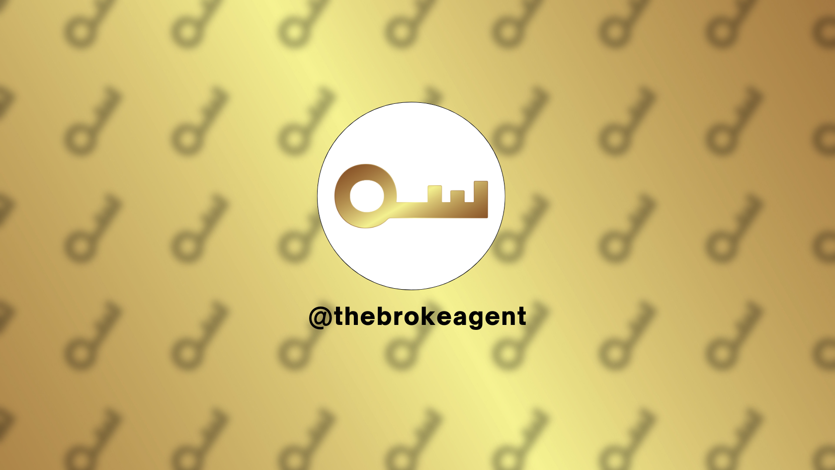 Brand logo: gold key within a white circle on a yellow gradient background, with the handle '@thebrokeagent' beneath