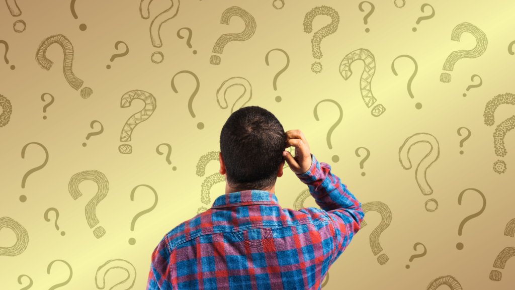 Man seen from behind, scratching his head, amid scattered question marks on a gold gradient background with a plaid shirt.