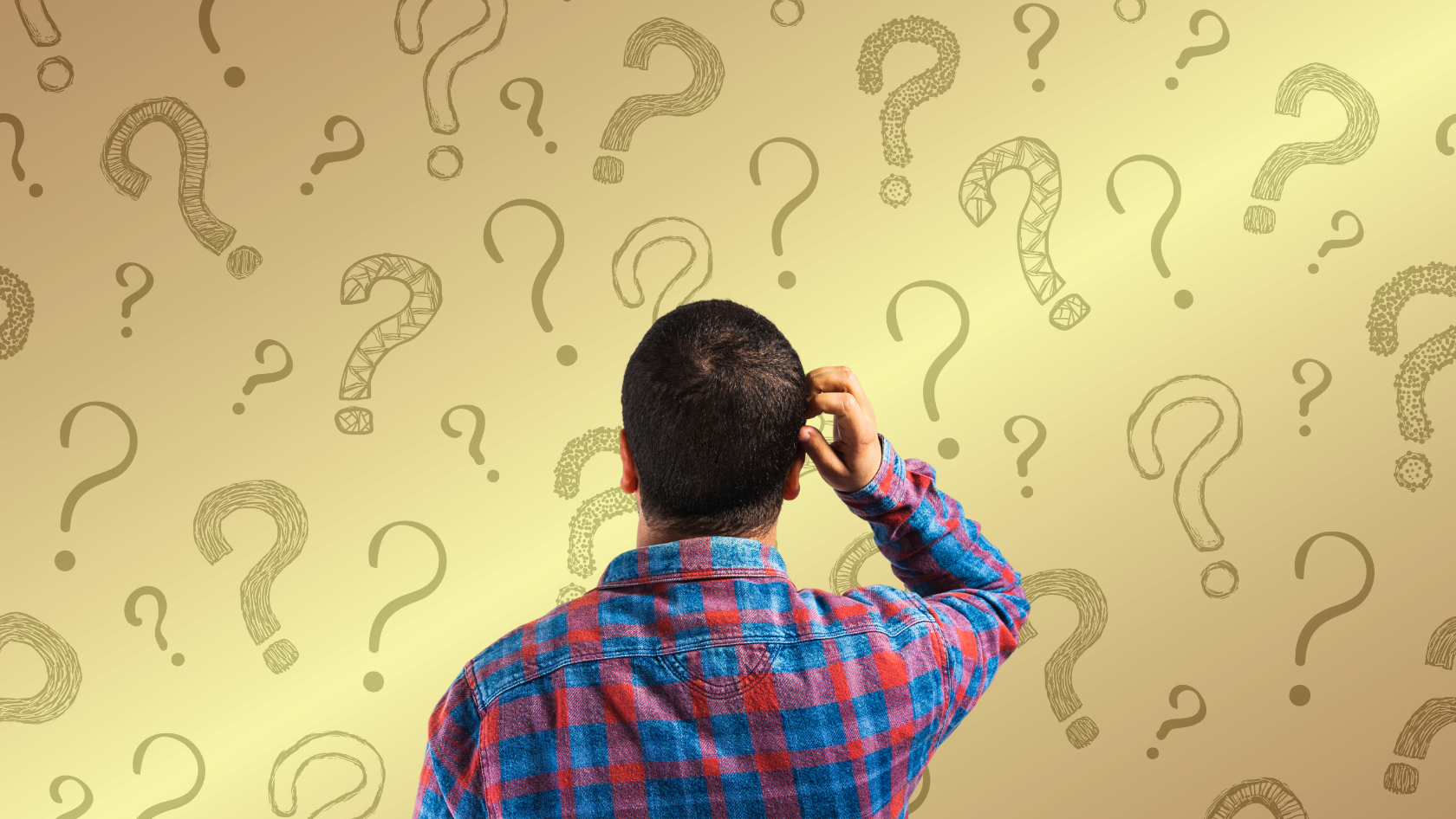 Man seen from behind, scratching his head, amid scattered question marks on a gold gradient background with a plaid shirt.
