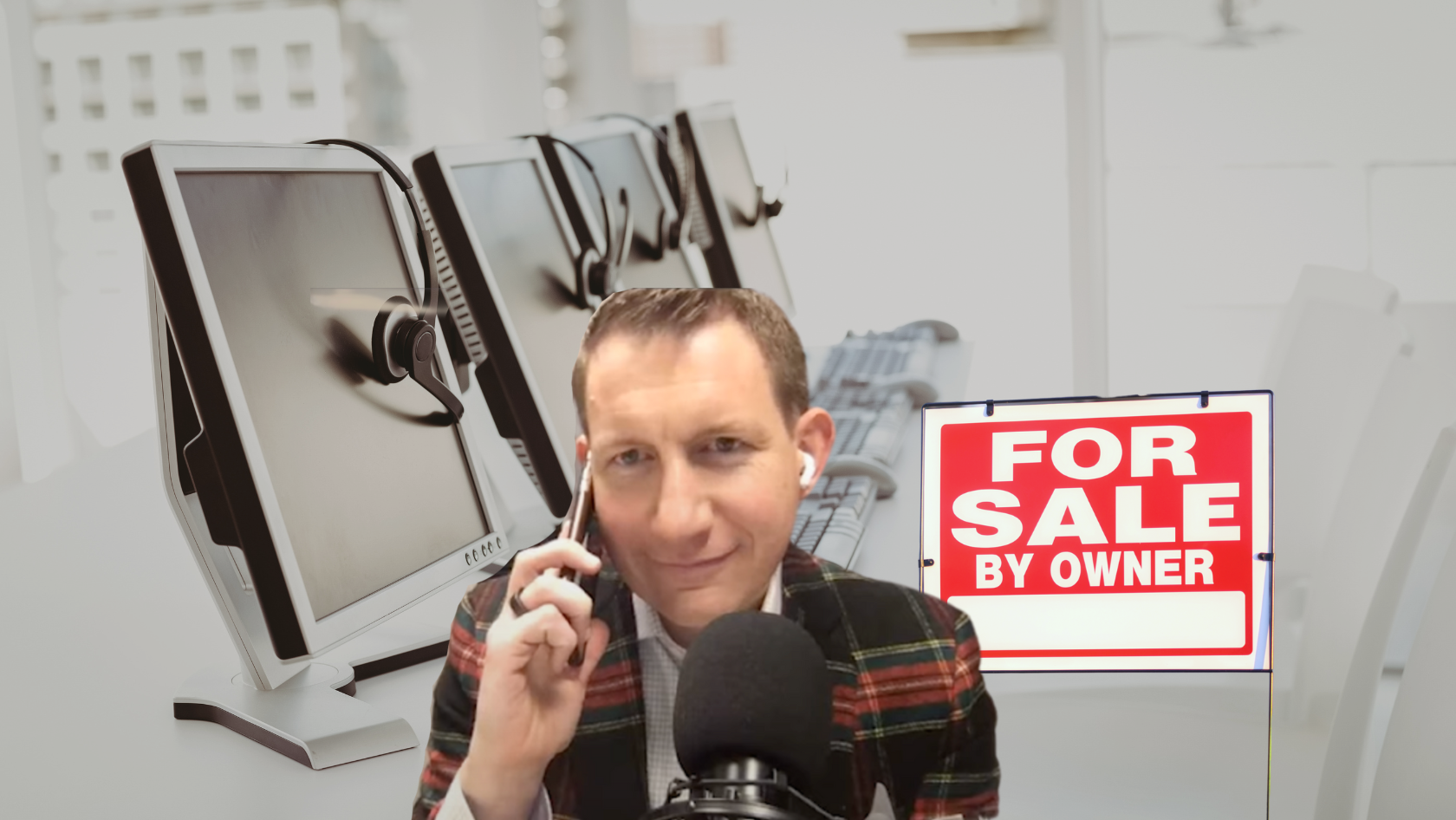 Radio host wearing headphones and speaking into a microphone, with a red 'FOR SALE BY OWNER' sign in the background.
