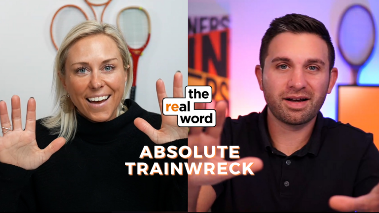 Split-screen video thumbnail: woman on the left waves and smiles, man on the right speaks, with the title 'ABSOLUTE TRAINWRECK' at the bottom and 'the real word' logo in the center.