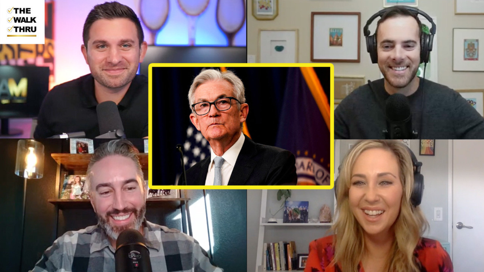 Five-person video call collage; center highlighted image shows a gray-haired man in a suit at a podium.