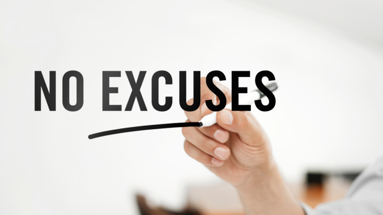 Bold 'NO EXCUSES' with a hand drawing a curved black underline on a light background.