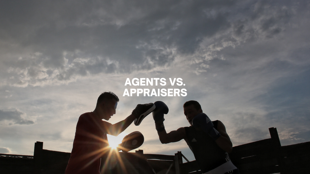 Two silhouetted boxers sparring at sunset with the headline 'Agents vs. Appraisers' centered above them.