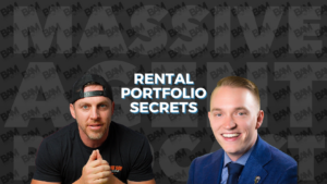 Two men on a dark patterned backdrop with the bold title 'RENTAL PORTFOLIO SECRETS' between them.