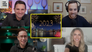 Four people in a four-way video call arrangement with a central 2023 fireworks graphic framed in yellow. Logo 'The Walk Thru' top-left.