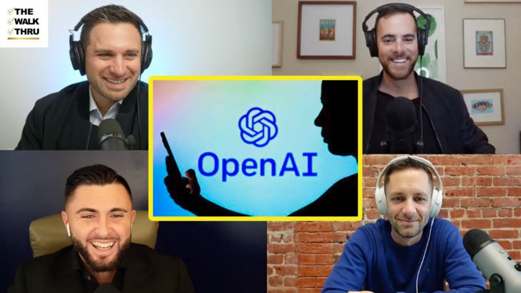 Four men in a video call podcast grid with a bright OpenAI graphic framed in yellow at the center, each wearing headphones and speaking into mics.