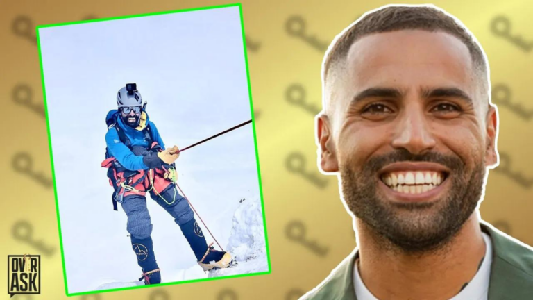 Climber in blue jacket with helmet and safety gear on left, and a smiling man portrait on the right in front of a yellow background.