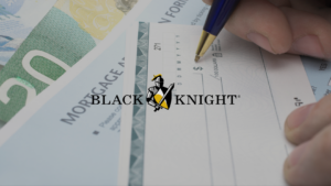 Close-up of a hand signing a check with cash in the background and the Black Knight logo centered over the image.