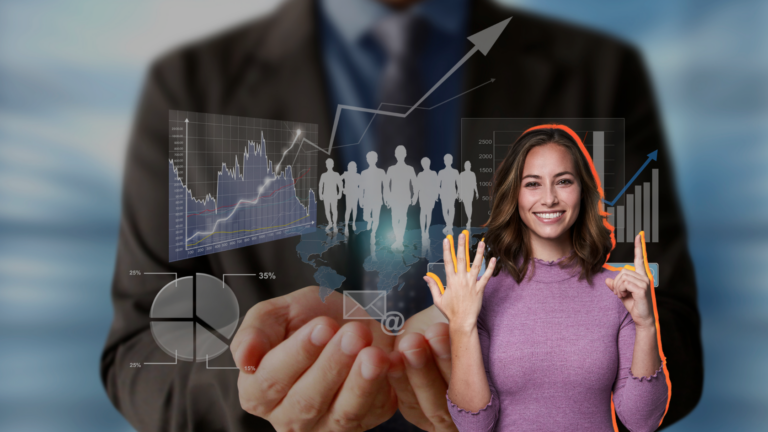 Smiling woman in a purple sweater with rising charts and graphs projected around a group of silhouettes and a world map.