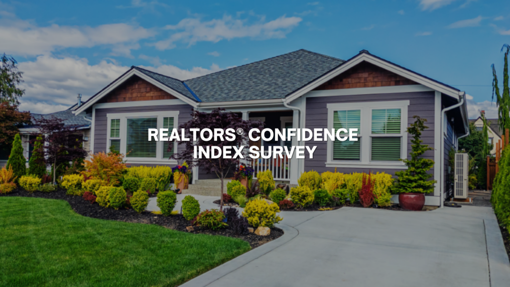 Front view of a purple-gray suburban home with a landscaped garden and a bold title overlay reading 'REALTORS® CONFIDENCE INDEX SURVEY'