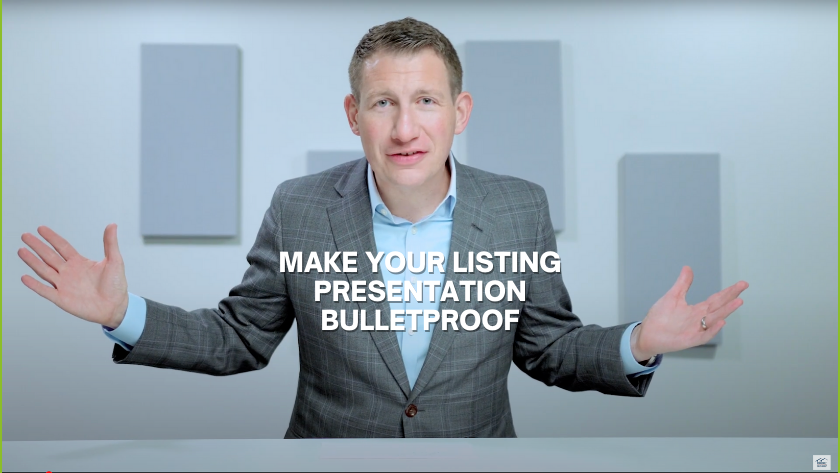 Businessman in a suit gestures toward the camera with text overlay: 'Make Your Listing Presentation Bulletproof'.