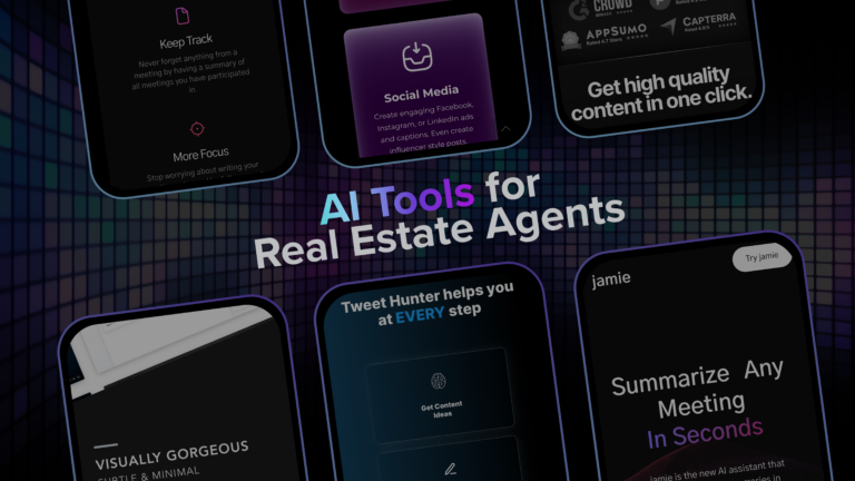 Collage of smartphone screens featuring AI tools for real estate agents and the title 'AI Tools for Real Estate Agents'.