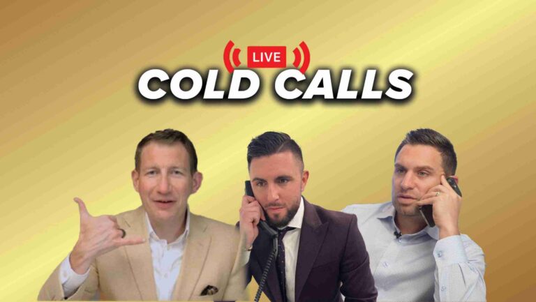 Three men in business attire posing with phones on a gold gradient background under a 'LIVE COLD CALLS' banner.