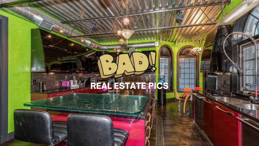 Vibrant bar interior with lime-green walls, black leather stools, glass-topped counter, and exposed ductwork; bold BAD! graphic over REAL ESTATE PICS.