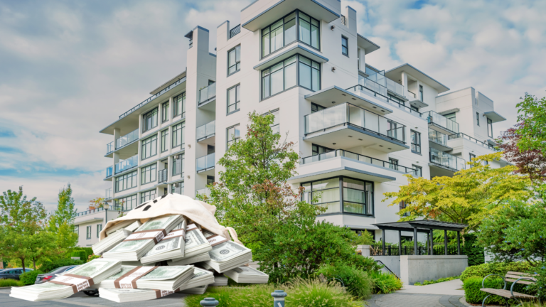 Modern white apartment building with glass balconies, greenery, and a large pile of cash in the foreground.