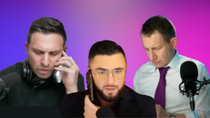 Three men in a podcast studio with microphones and headphones against a purple-pink gradient background, mid-conversation.