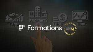 Hand pointing at the 'Formations' logo with finance-themed icons (land, property, fund, stocks) in the background