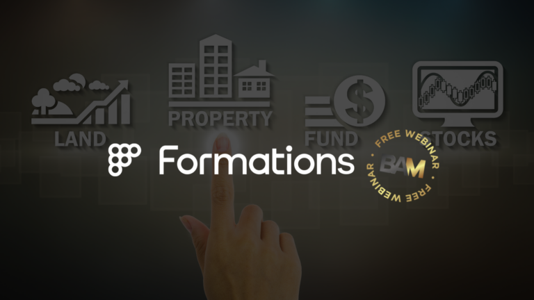 Hand pointing at the 'Formations' logo with finance-themed icons (land, property, fund, stocks) in the background