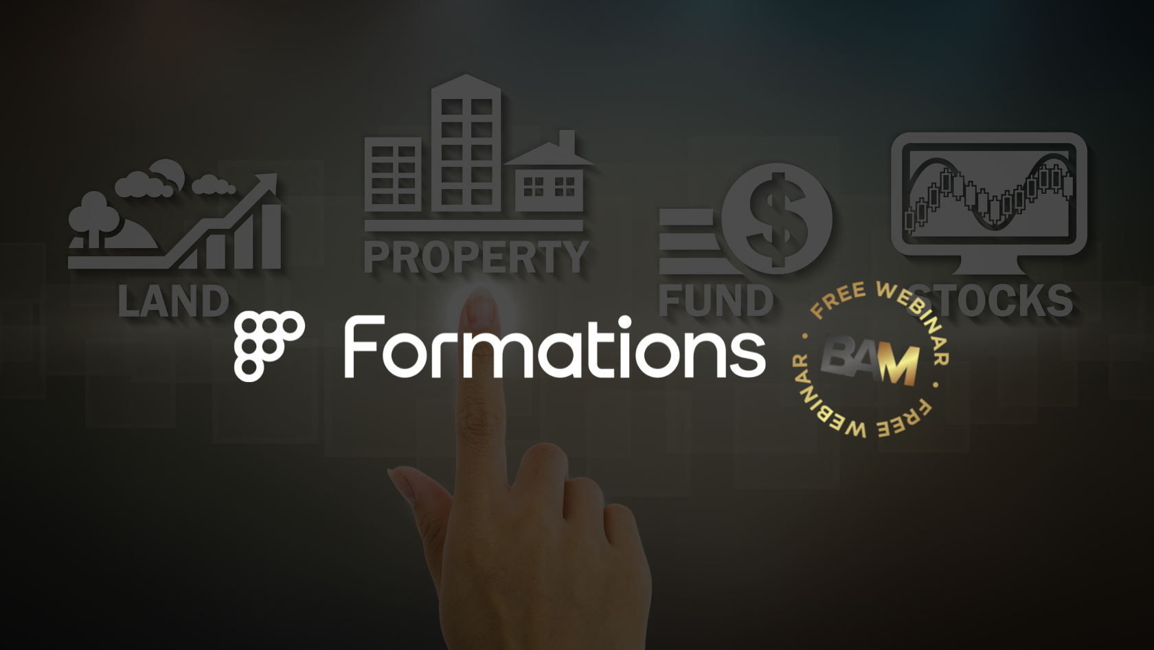 Hand pointing at the 'Formations' logo with finance-themed icons (land, property, fund, stocks) in the background