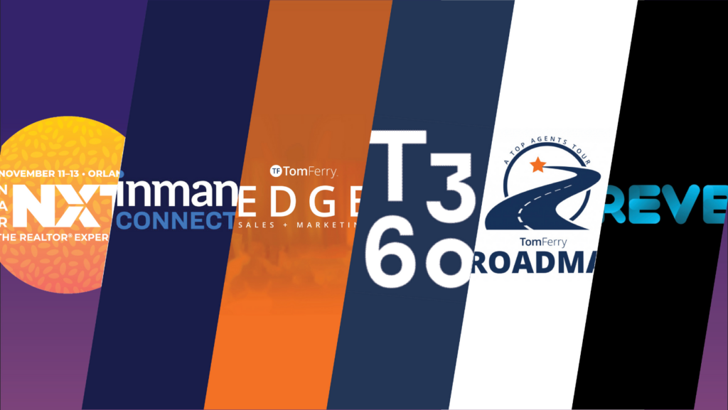Diagonal banner collage of real estate brand logos (Inman, Tom Ferry, T3, Roadmap) on colorful striped background; includes event text with November 11–13 in Orlando.